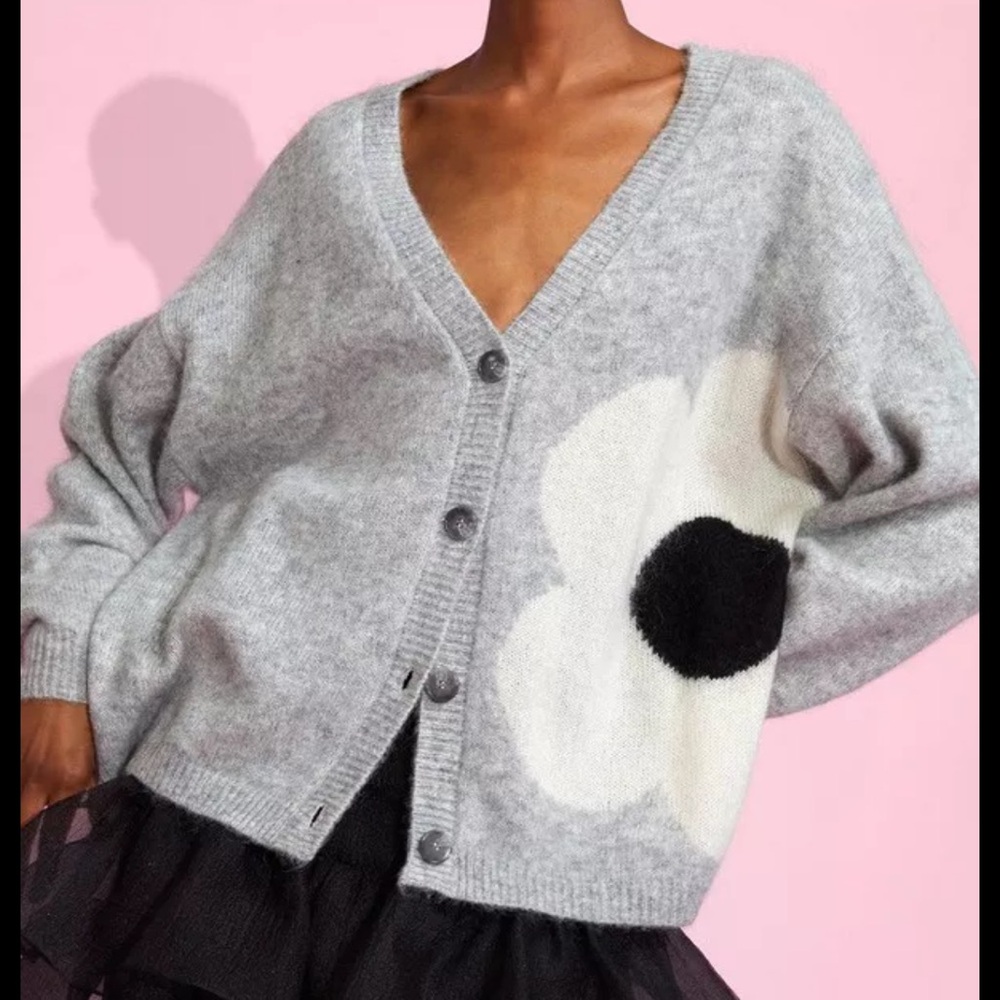 Cynthia Rowley Gray Floral intarsia V-Neck Cardigan